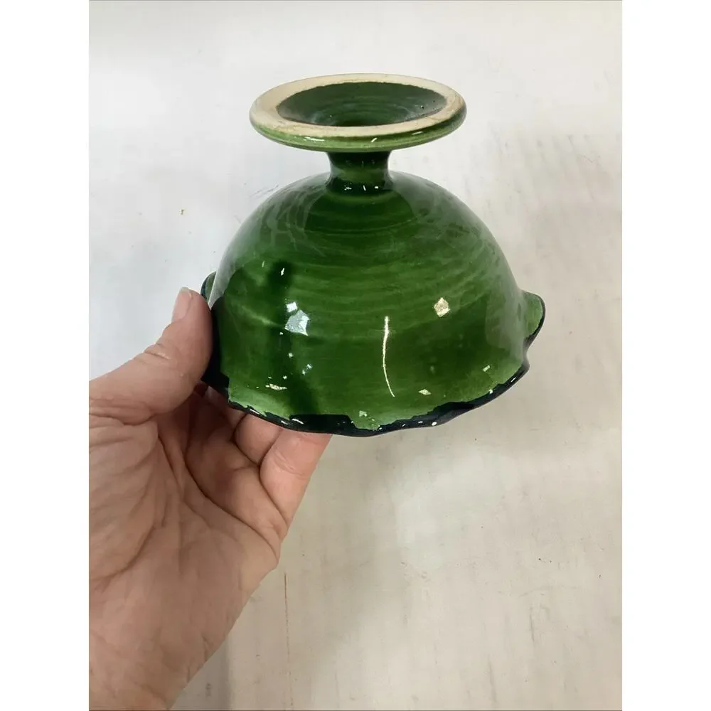 Vintage Hand Painted Dark Green Compote Candy Dish